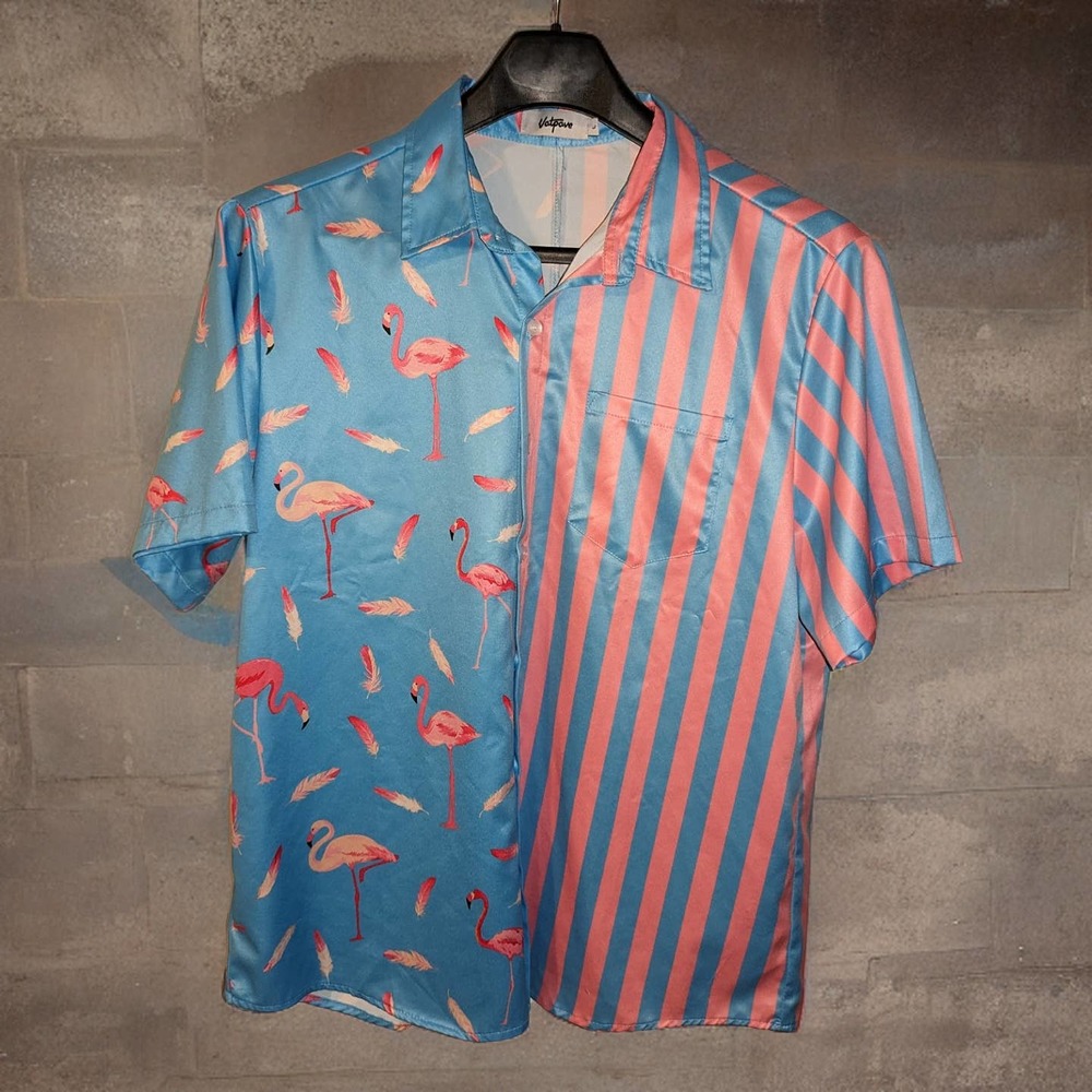 Vatpave Pink & Blue Hawaiian Flamingos & Stripes Button Casual Shirt LARGE